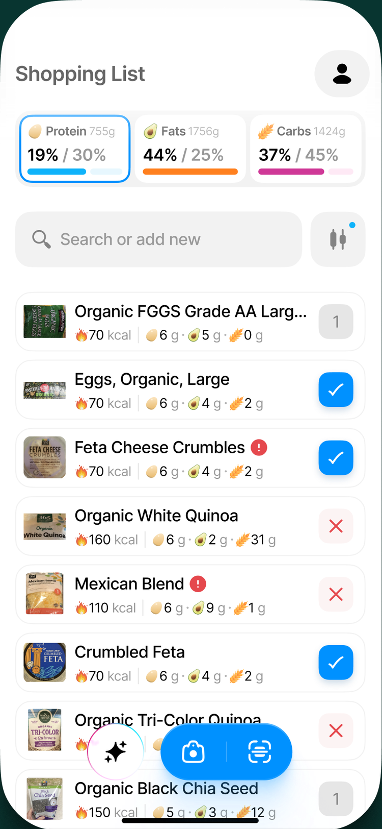 NutriList shopping list with protein, fats and carbs bars at the top totaling the whole cart against daily targets, with conflict flags on individual items