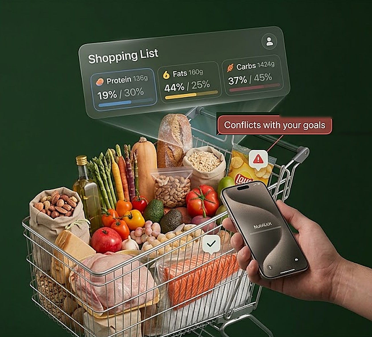 A hand holds a phone with NutriList over a grocery cart full of fresh food; a floating shopping-list panel shows protein, fats and carbs totals for the whole cart, with a conflict warning on a bag of chips