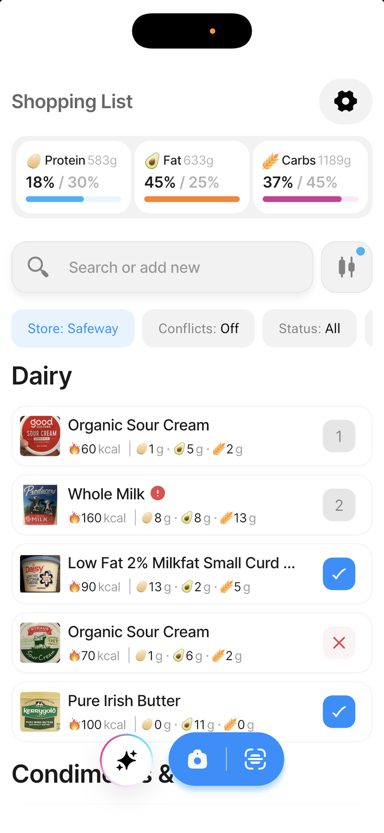 Shopping list for a chosen store grouped by aisle, with filter chips for store, conflicts and status, real product photos, and macro totals at the top