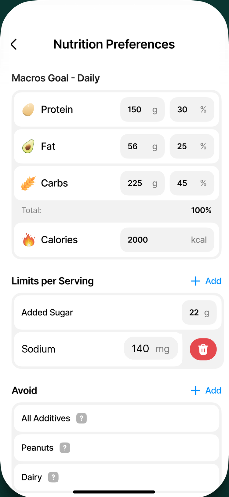 Nutrition Preferences screen with daily macro goals, per-serving limits for added sugar and cholesterol, and an avoid list including additives, peanuts and dairy
